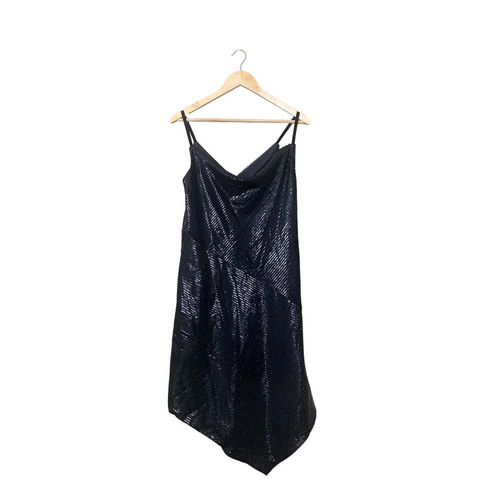 Trina Turk Geometric Dress Navy Blue Asymmetrical Hem Metallic Stripe - Picture 5 of 5